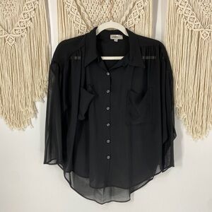 Bren Sheer Oversized Boxy Black Button Up Blouse